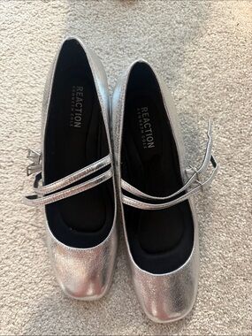 Reaction Kenneth Cole Metallic Silver Double-Strap Mary Jane Flats